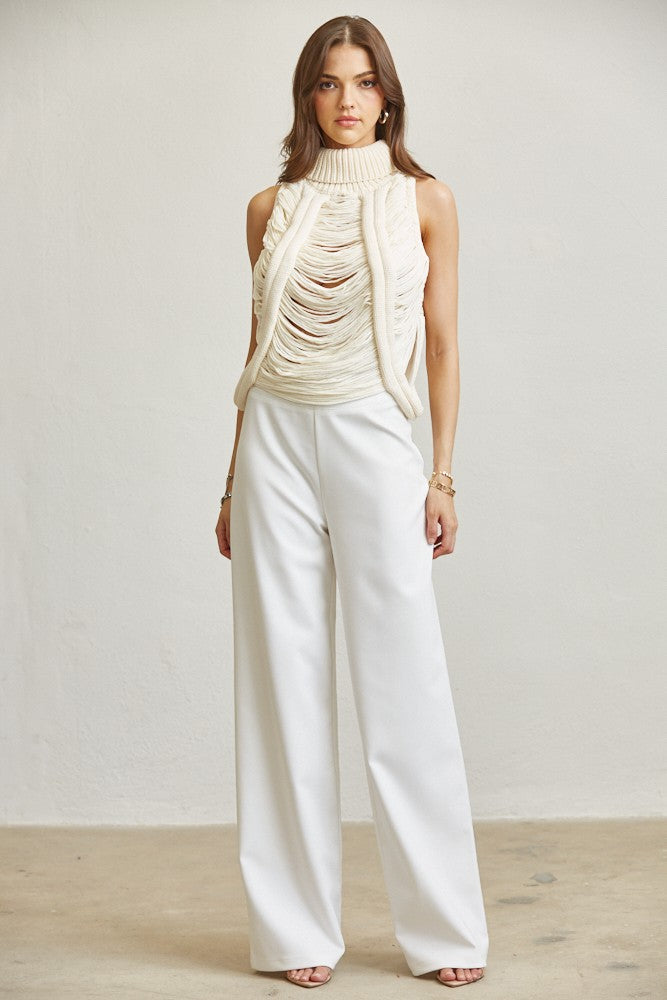 Shredded Rib-knit Turtleneck Top