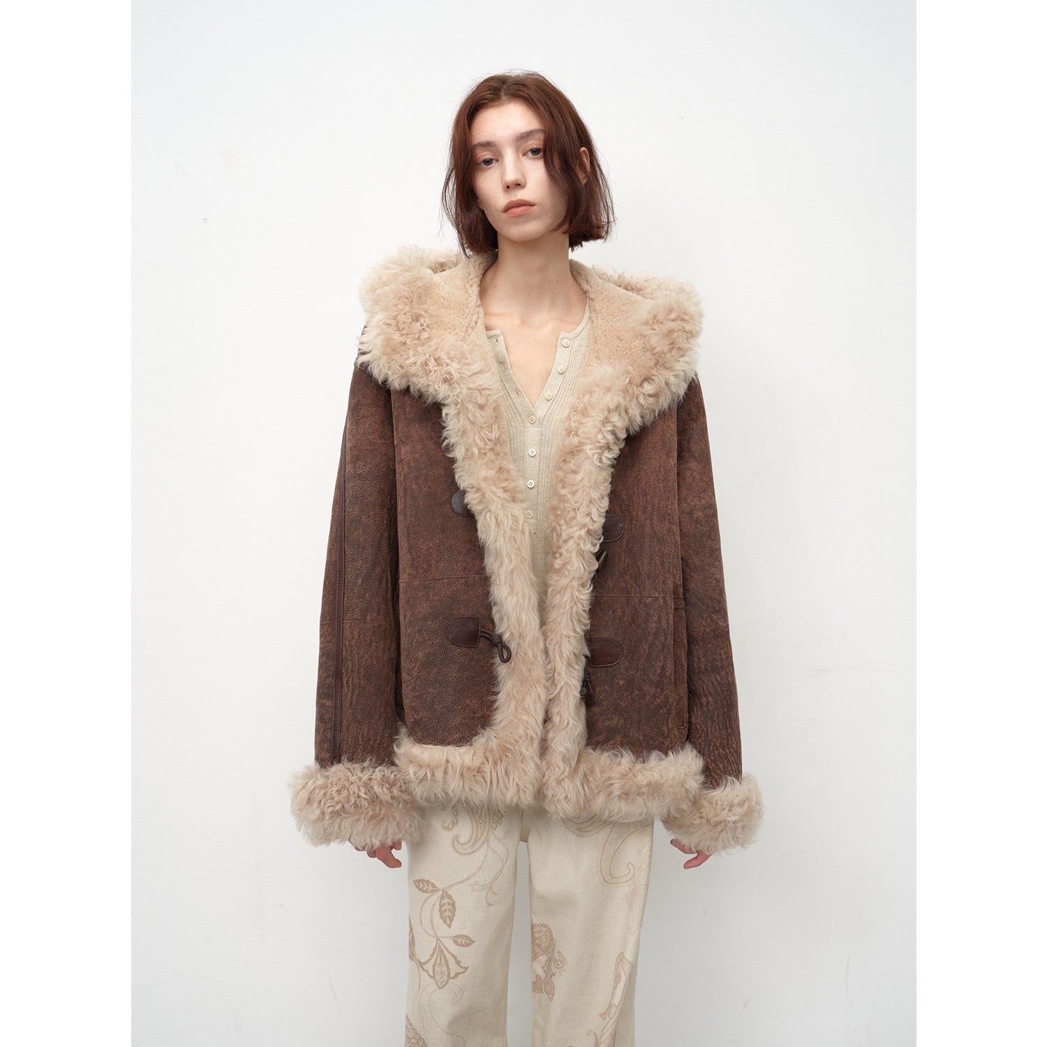 "Modern Weekend" Drop Shoulder Hooded Merino Wool Sheepskin Fur Coat