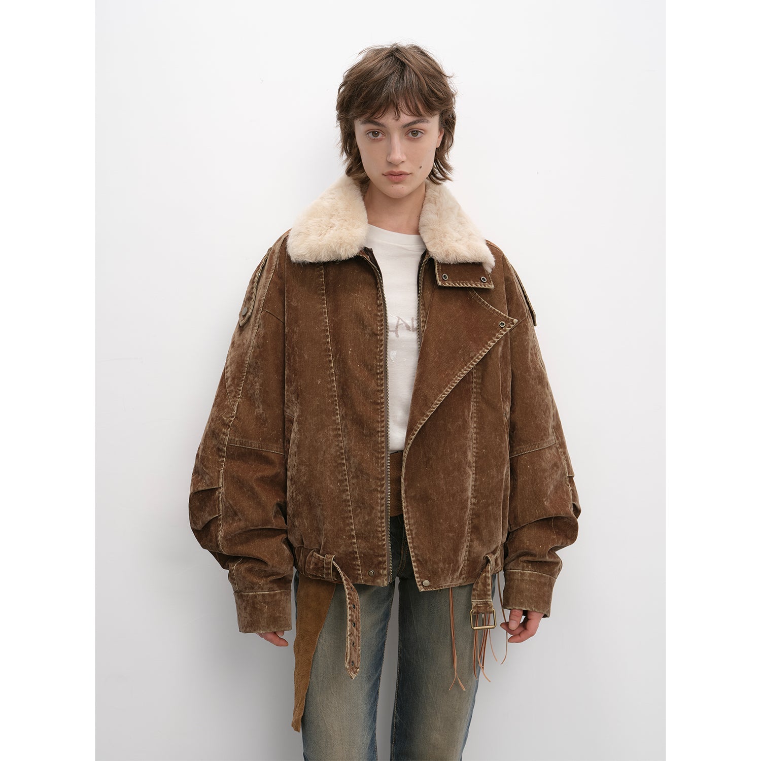 Warm Distressed Denim Wool Collar Jacket