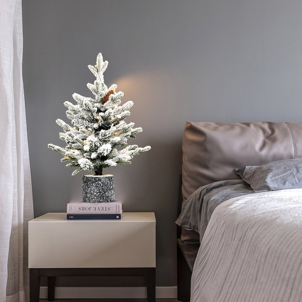 2ft Small Flocked Christmas Tree with Pot Base – 30 Warm White LED Lights, 189 PVC Tips, and Natural Pine Cones