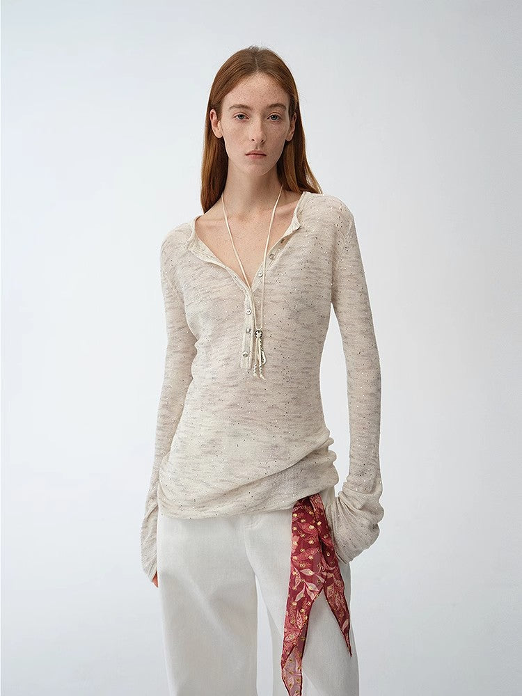"Perry Moonlight" Cotton and Linen Beaded Knitted Top