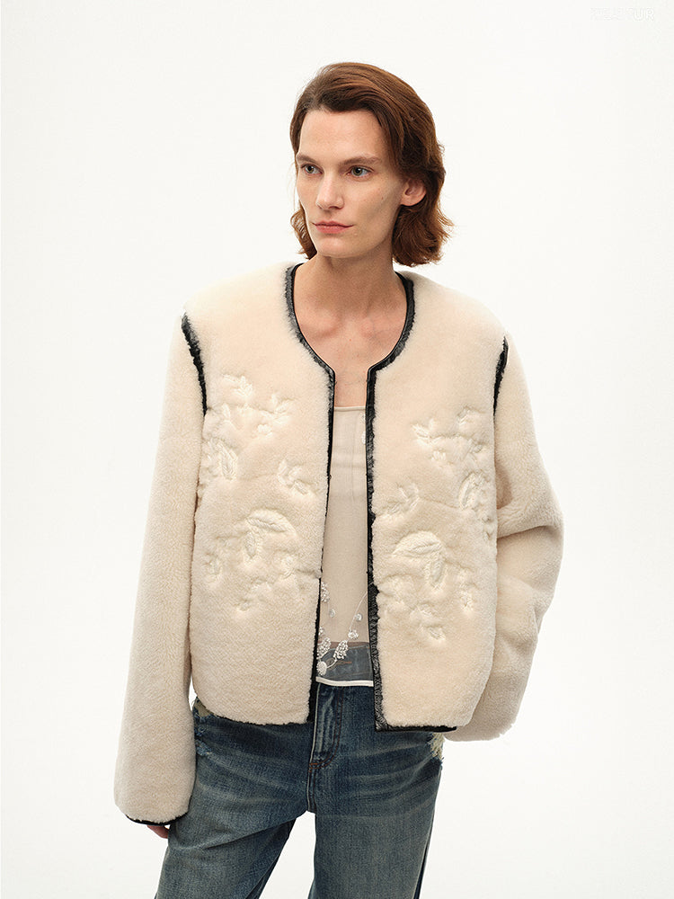 Embroidered Short Merino Wool Sheepskin Fur Coat