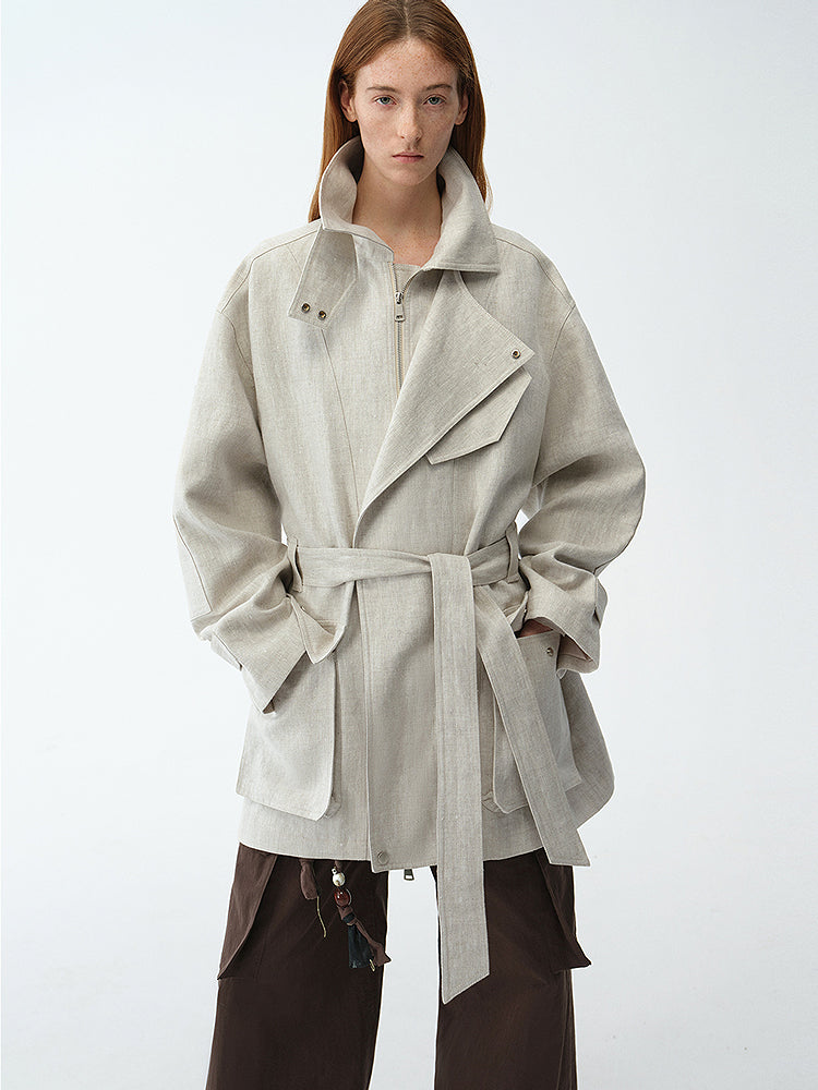 Gold Linen Blend Mid-Length Trench Coat