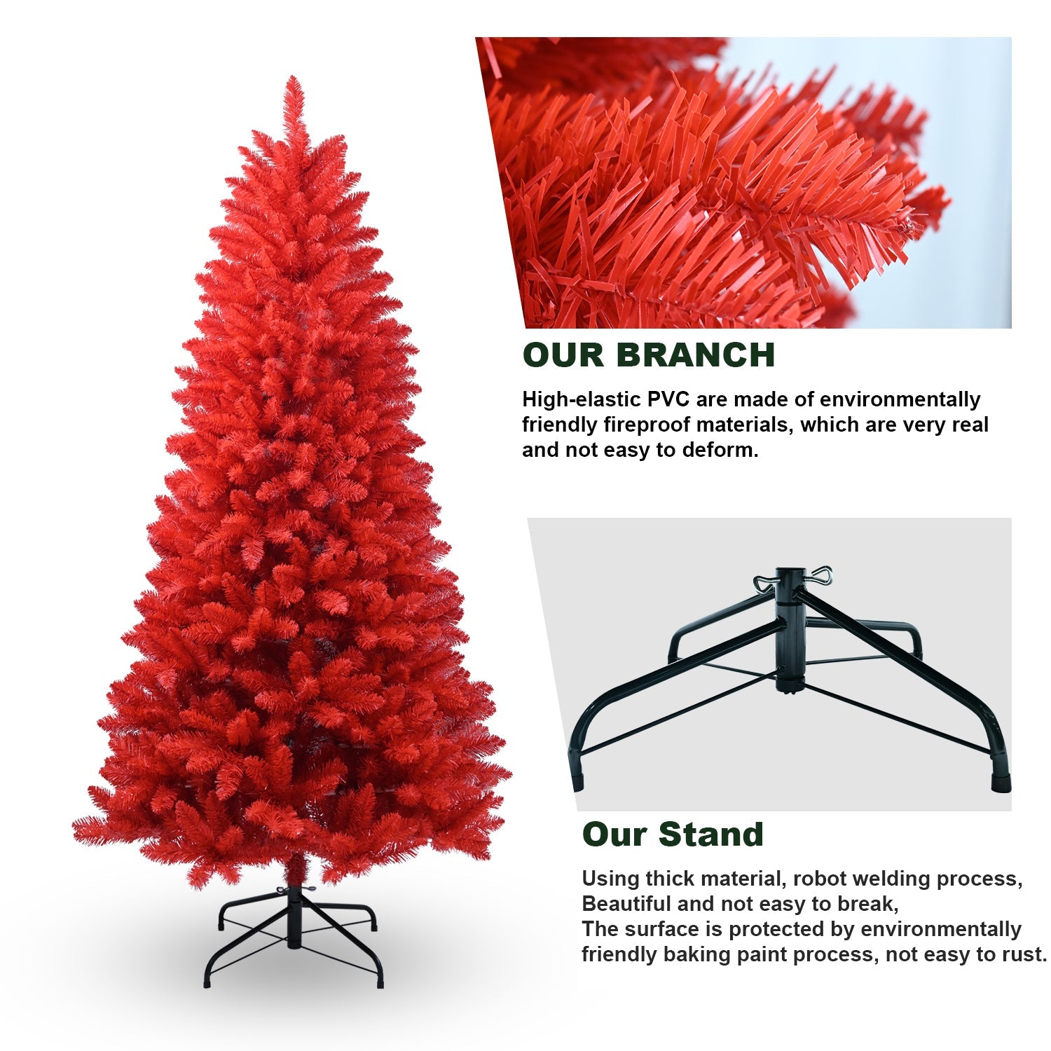 5ft Red Artificial Christmas Tree – Vibrant Modern Holiday Décor with 624 Full PVC Branch Tips and Metal Stand