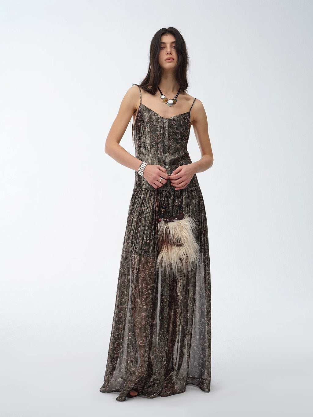 "Floating Lights" Paisley Print Silk Sling Dress