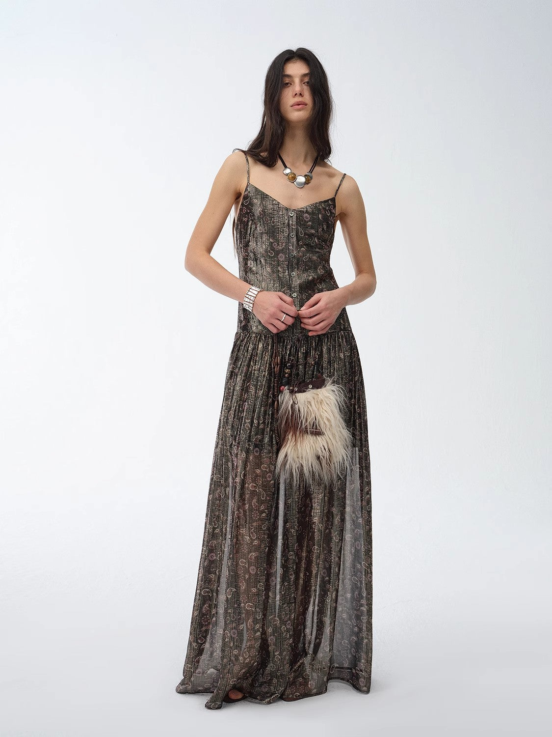 "Floating Lights" Paisley Print Silk Sling Dress