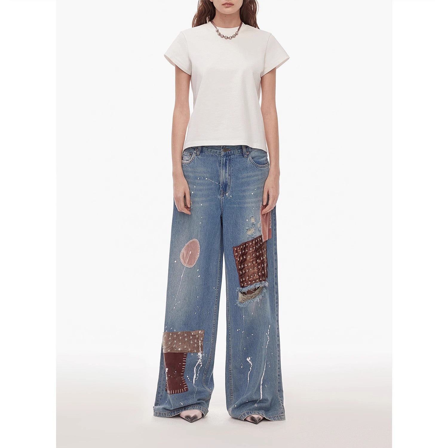 "Uninhibited Splicing" Ripped Hole Wide-Leg Jeans