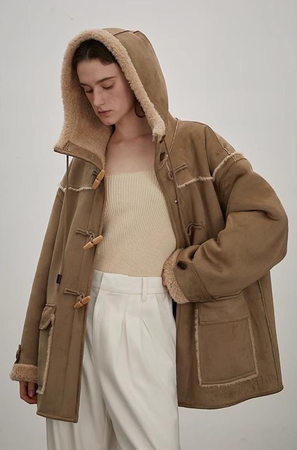 "Quartet Short" Hooded Wool Shearling Jacket