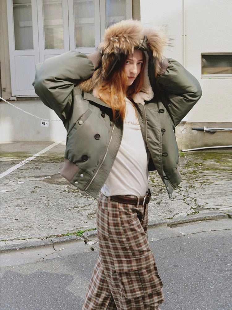 Large Hood, Raccoon Fur Collar Style Style Jacket