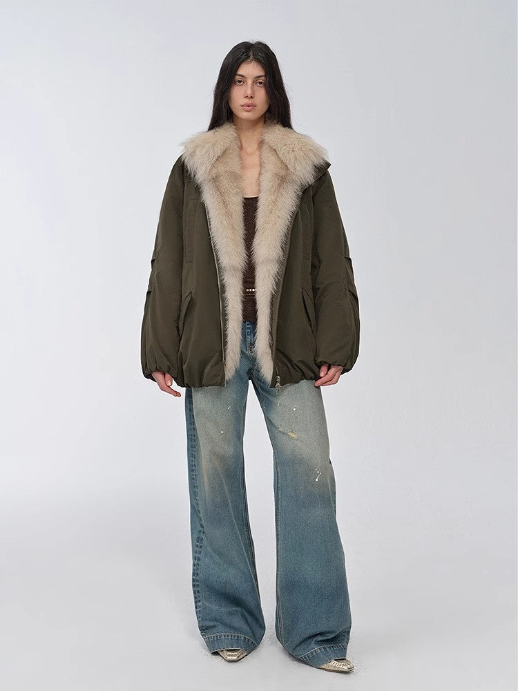 "Warm Dialogue" Two-Tone Fox Fur Collar Detachable Mid-Length Down Parka