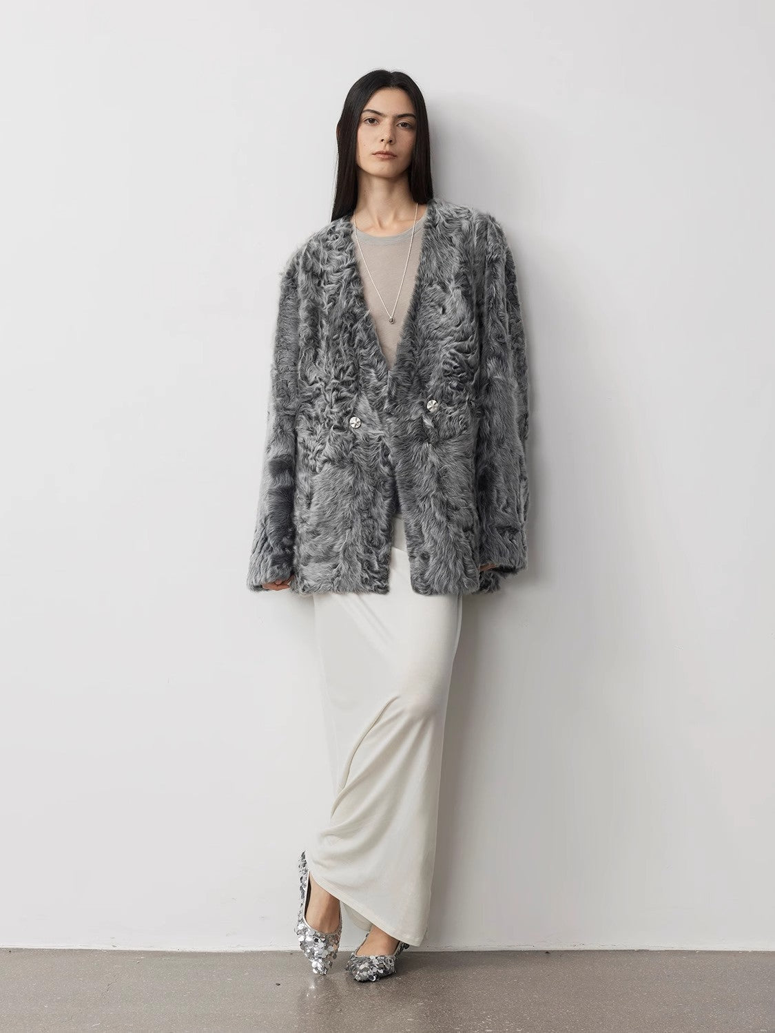 "Blizzard Urban" Two-Color Lamb Fur Coat