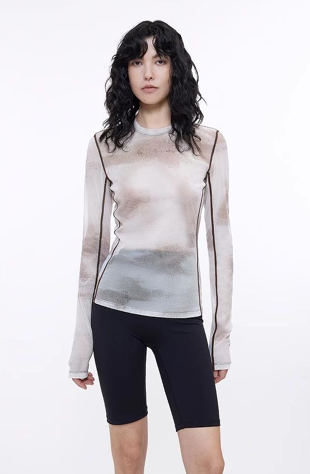 Smudge-Printed Mesh See-Through Long-Sleeved Shirt