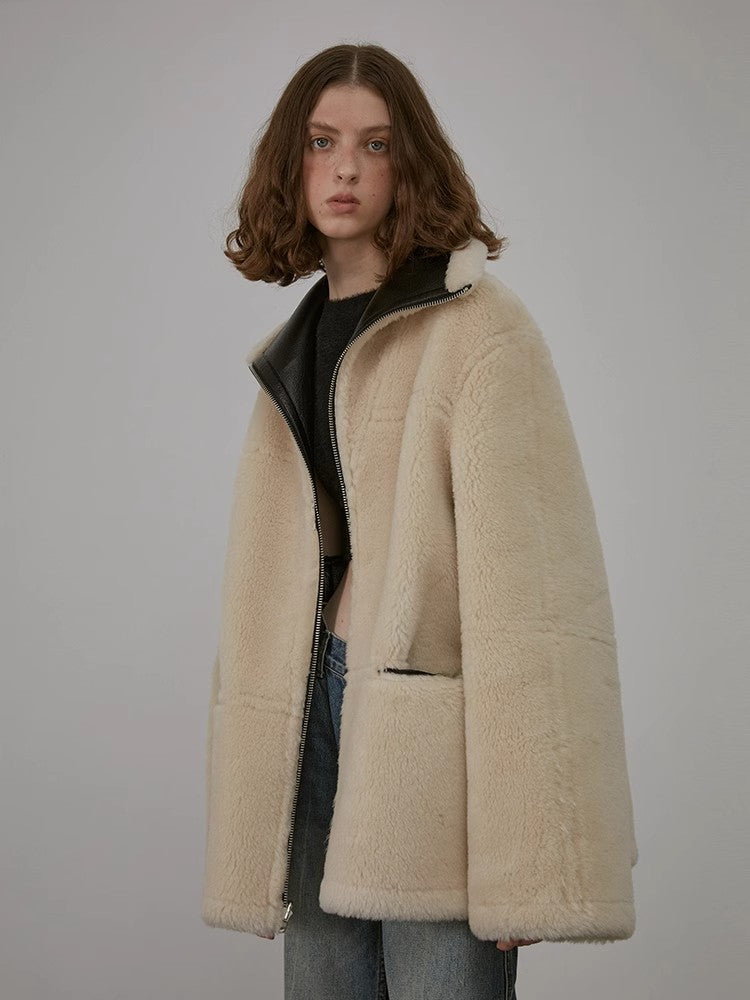 “August Night” Wool Artificial Compound Leather Reversible Shearling Jacket