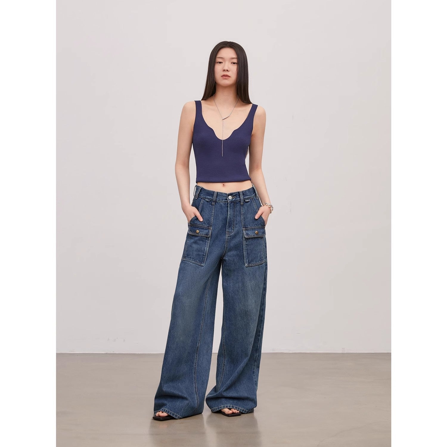 "Silent Deep Sea" Vintage Blue Straight-Leg Jeans
