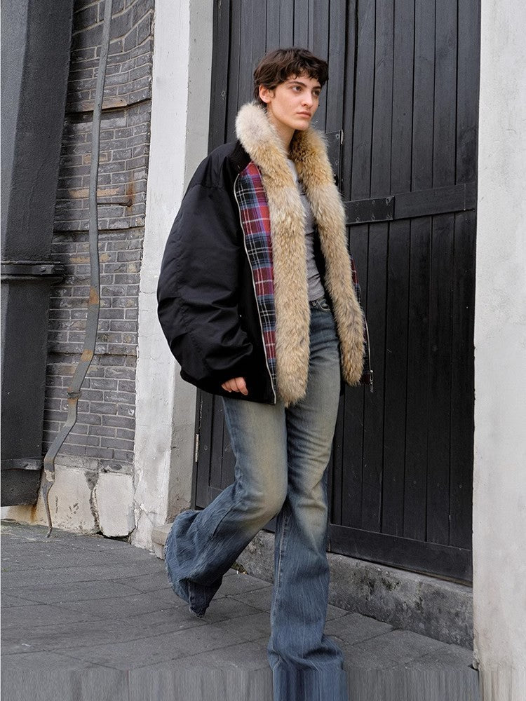 Casual Street Lightweight Detachable Wolf Fur Collar Parka Down Jacket