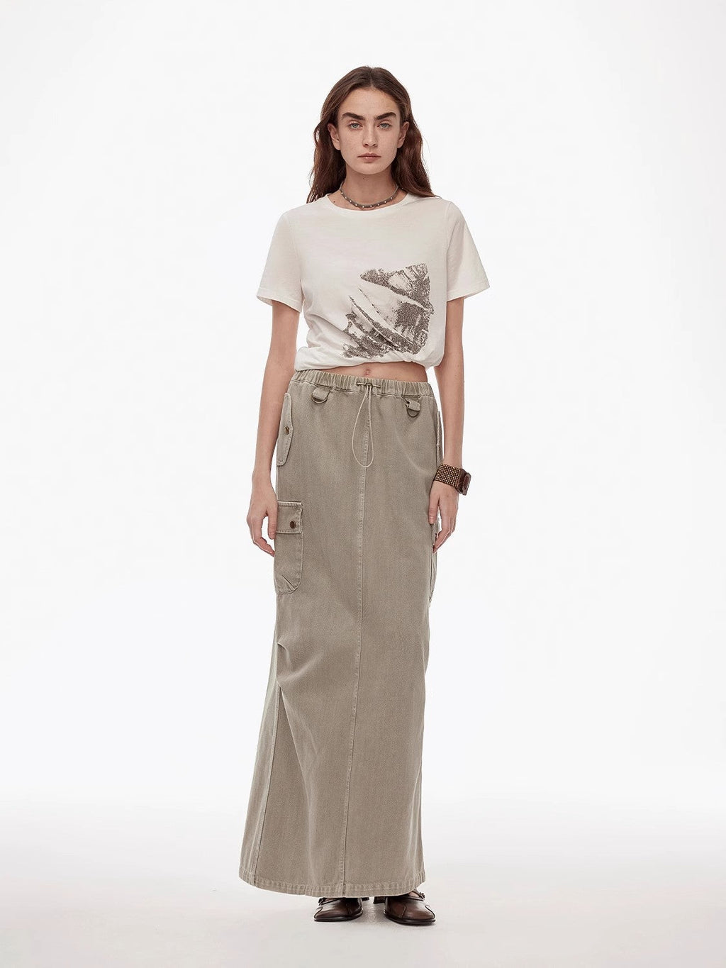 "Dune Fantasy" Drawstring Maxi Denim Skirt