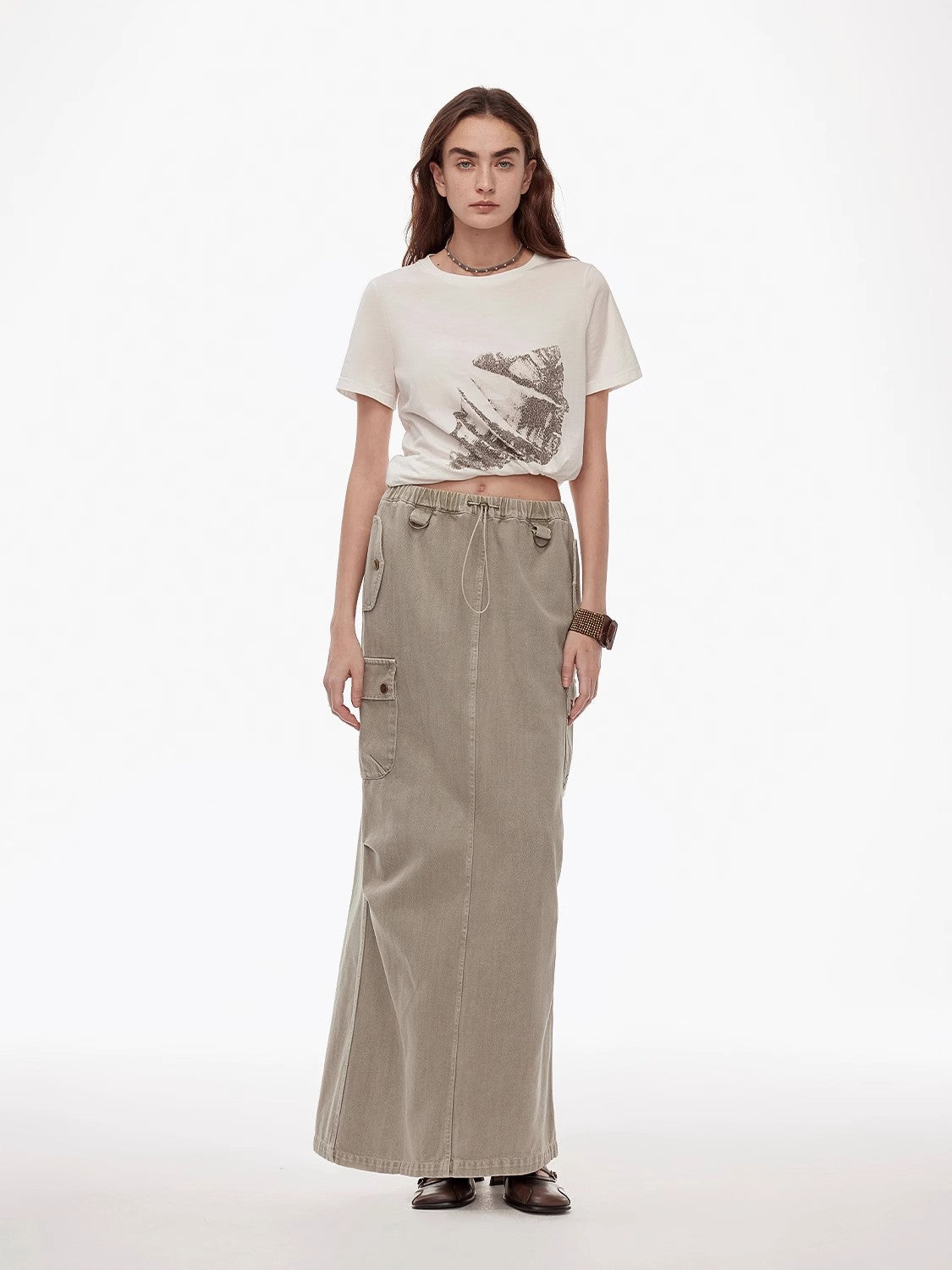 "Dune Fantasy" Drawstring Maxi Denim Skirt