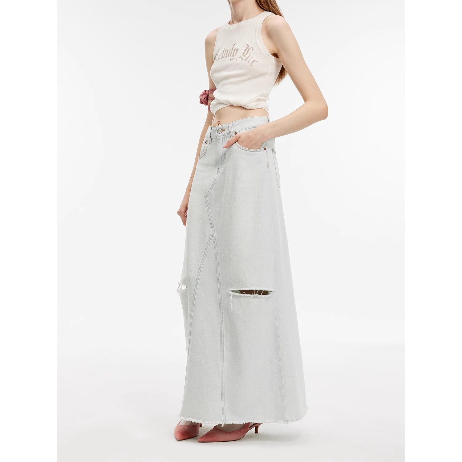 "Walden Pond" Wash-Faded Distressed Denim A-Line Skirt