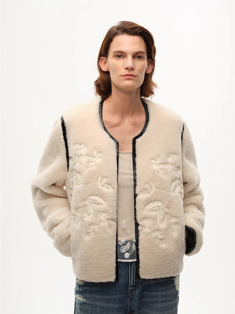 Embroidered Short Merino Wool Sheepskin Fur Coat