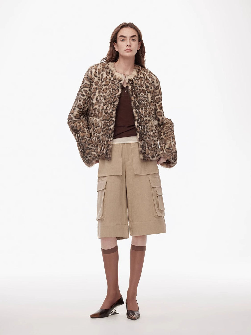 "Leopard Print Guide" Round Neck Leopard Print Rabbit Fur Jacket