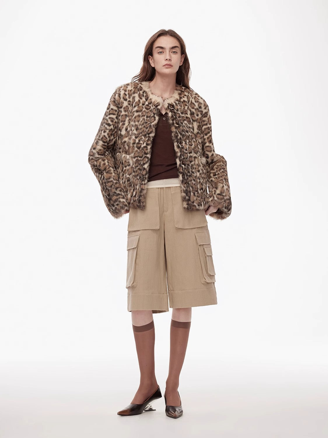 "Leopard Print Guide" Round Neck Leopard Print Rabbit Fur Jacket