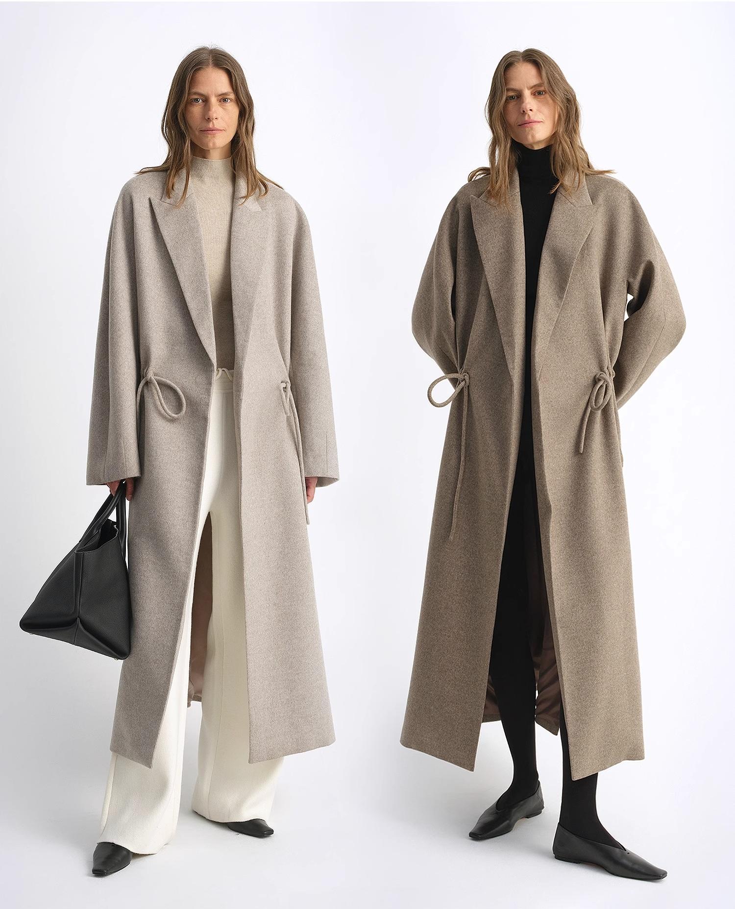 "Desert Heart" Women's Original Color Peaked Lapel Drawstring Mid-Length Wool Coat