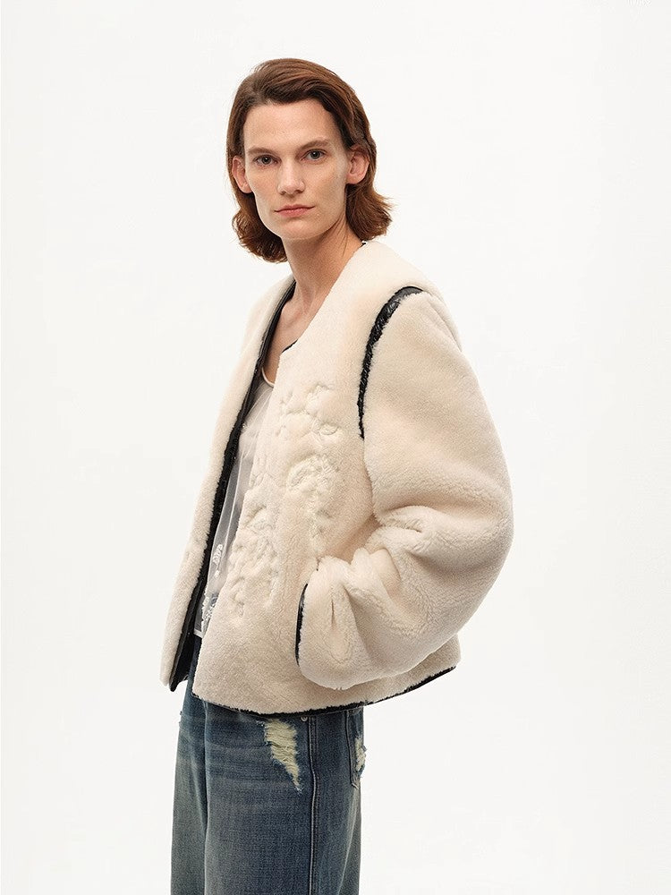 Embroidered Short Merino Wool Sheepskin Fur Coat