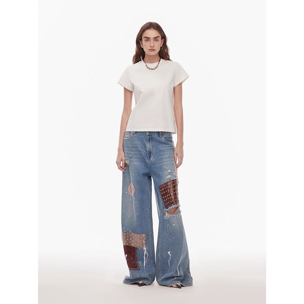 "Uninhibited Splicing" Ripped Hole Wide-Leg Jeans