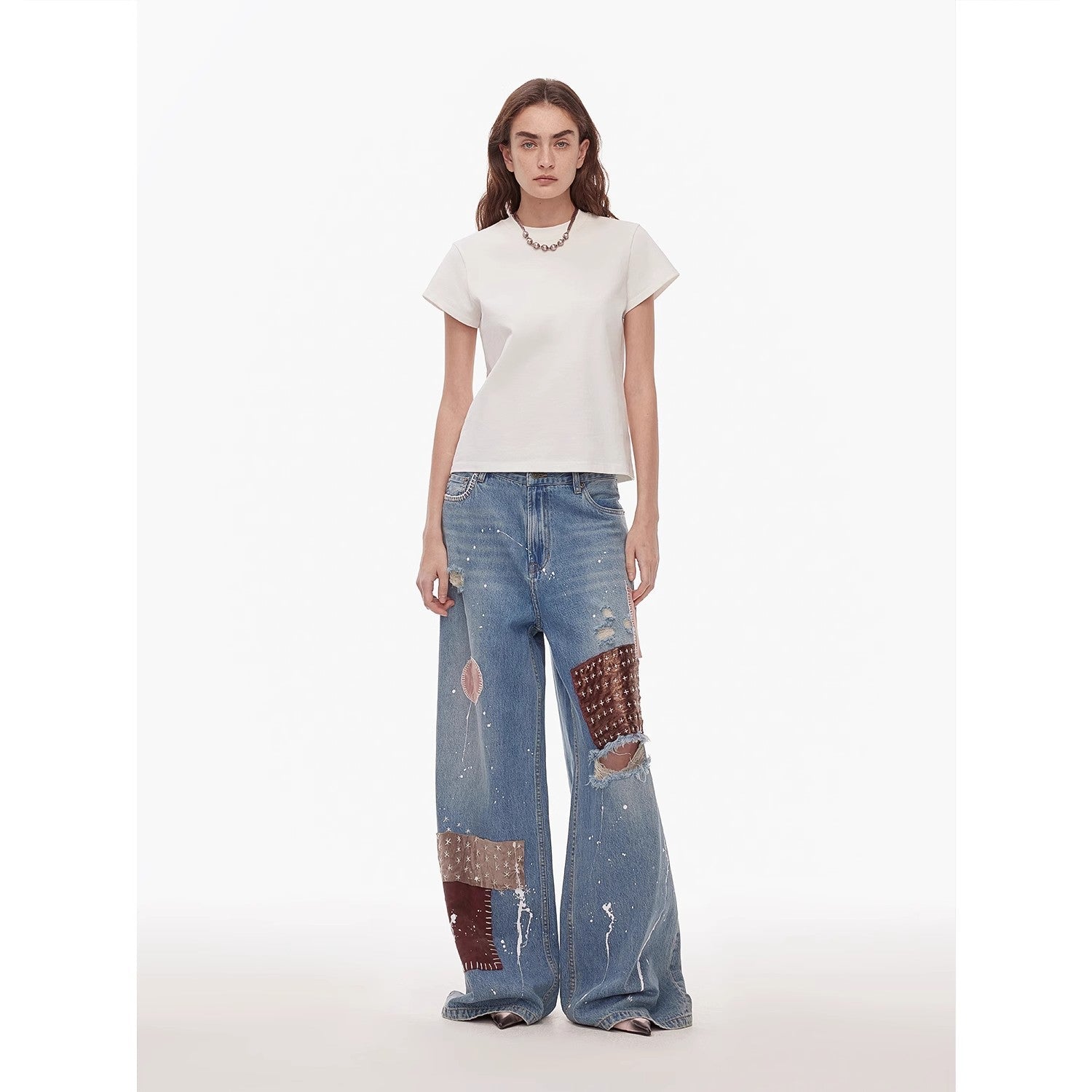 "Uninhibited Splicing" Ripped Hole Wide-Leg Jeans