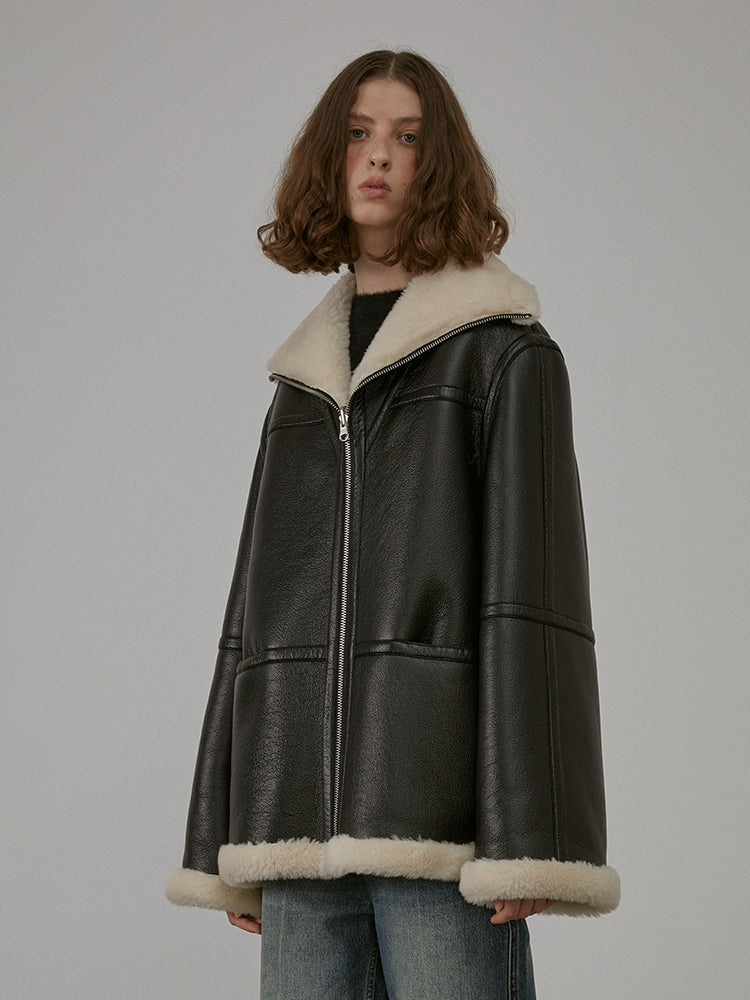 “August Night” Wool Artificial Compound Leather Reversible Shearling Jacket