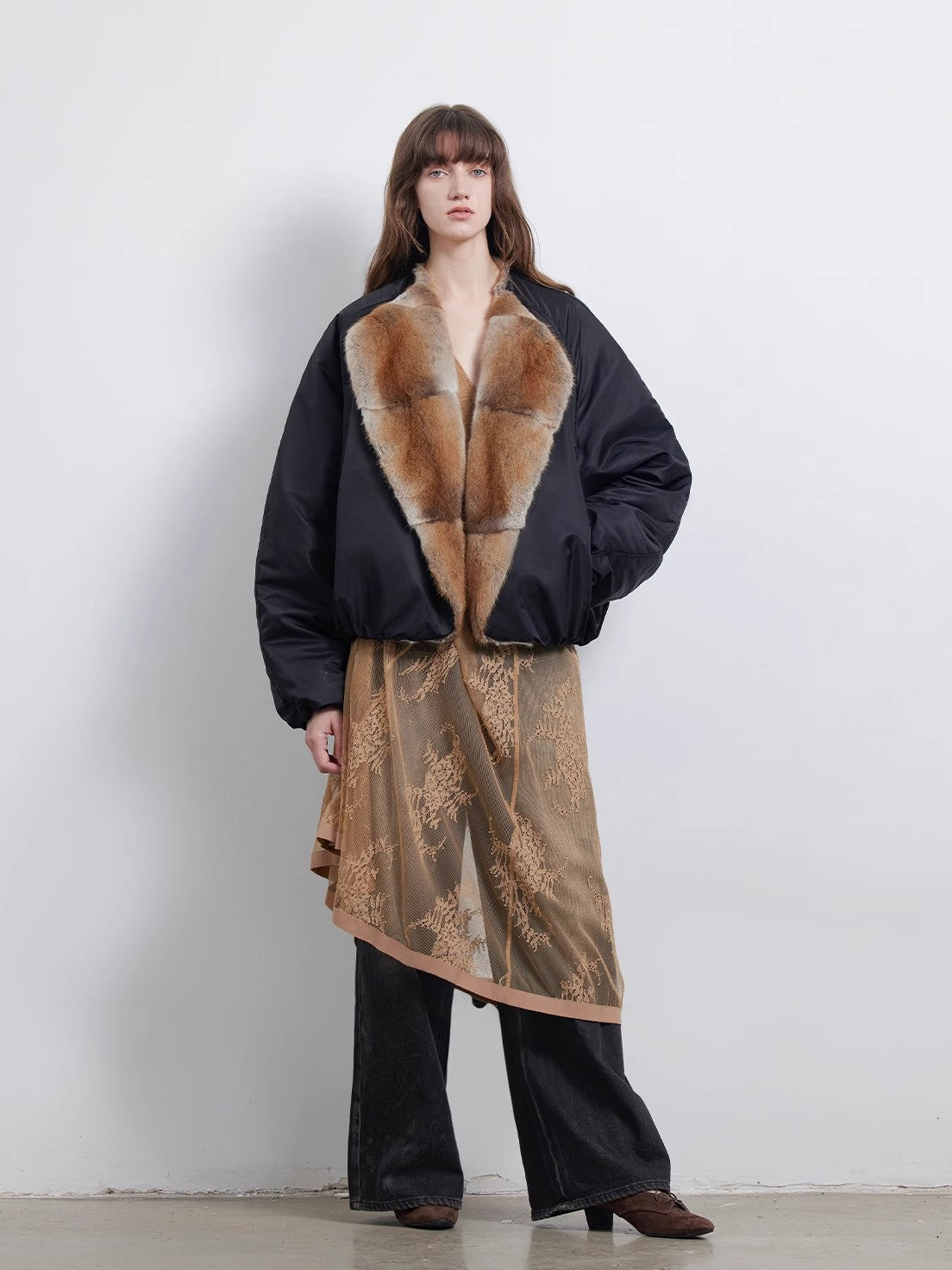 “Hull Contract” Colorblocked Mink-Lapel Parka