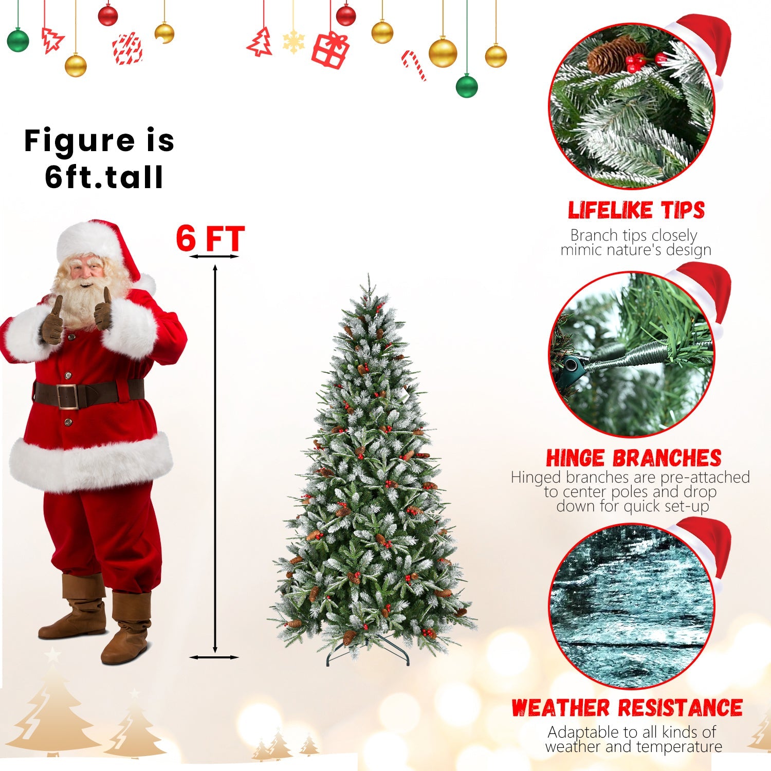 7ft Snow-Dusted Christmas Tree with Red Berries & Pine Cones – 2178 PE+PVC Tips, Hinged Design, and Metal Stand