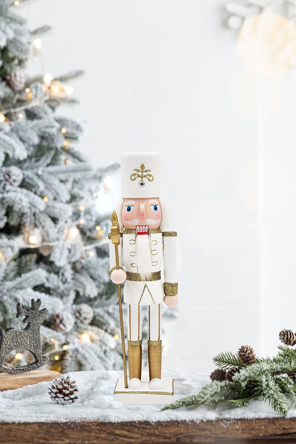 White & Gold Christmas Nutcracker Figurine – 14" Classic Wooden Holiday Decor