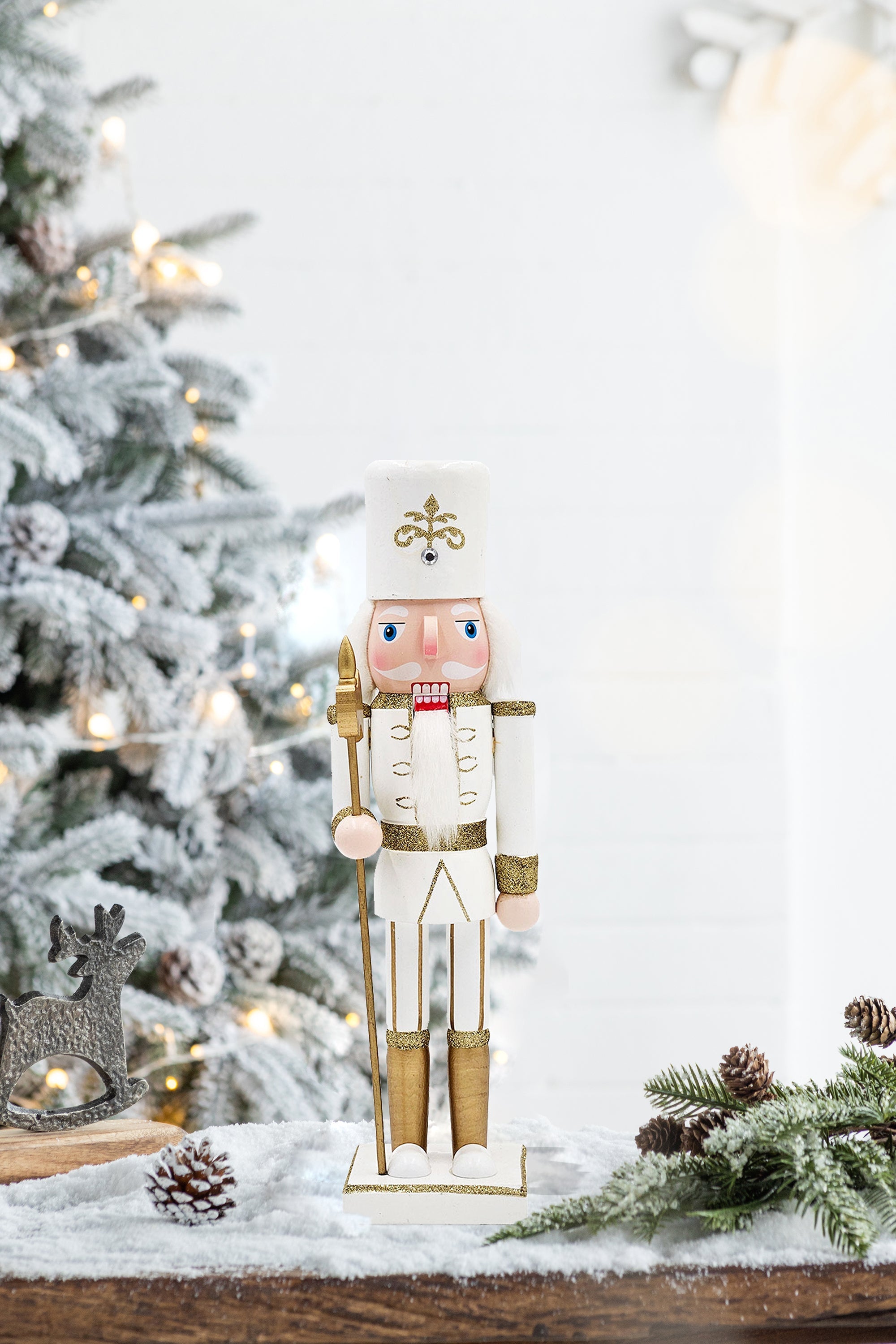 White & Gold Christmas Nutcracker Figurine – 14" Classic Wooden Holiday Decor