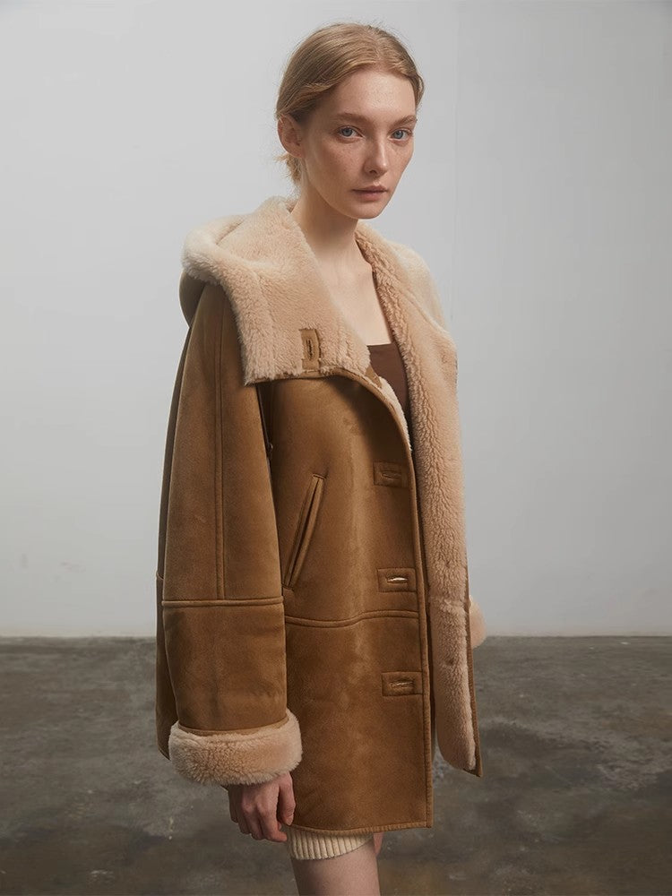 "Danish Winter" Shearling Wool  Hooded Coat