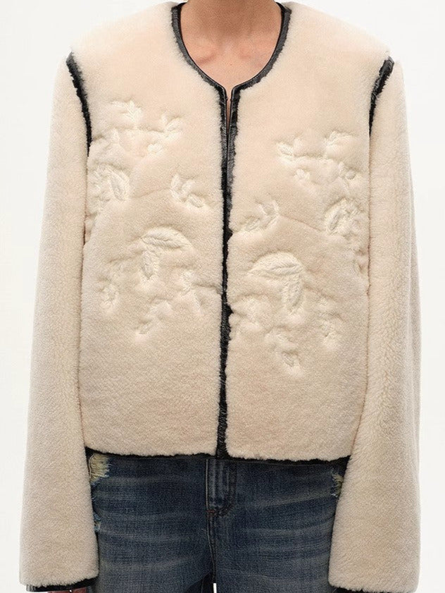 Embroidered Short Merino Wool Sheepskin Fur Coat