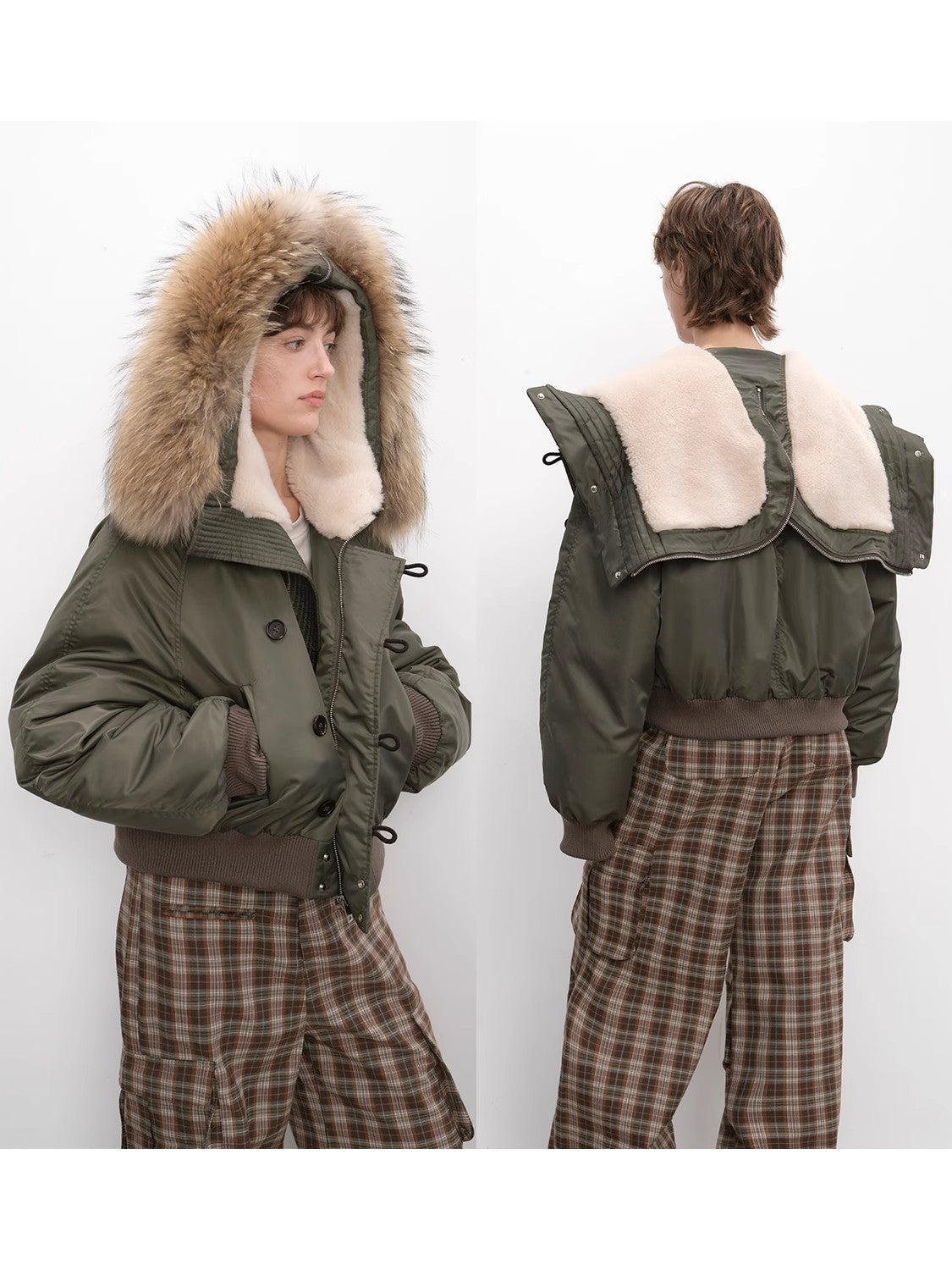 “Cool and Sharp” Raccoon Fur Collar Jacket