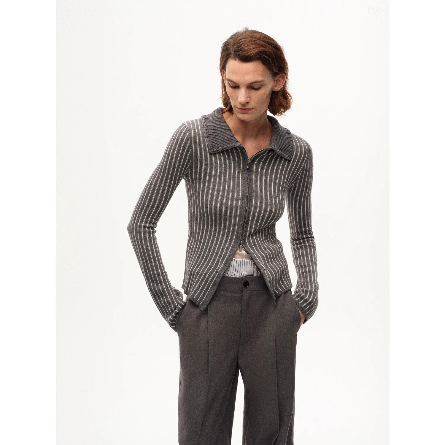 Slim-Fitting Color-Blocked Striped Wool Cardigan