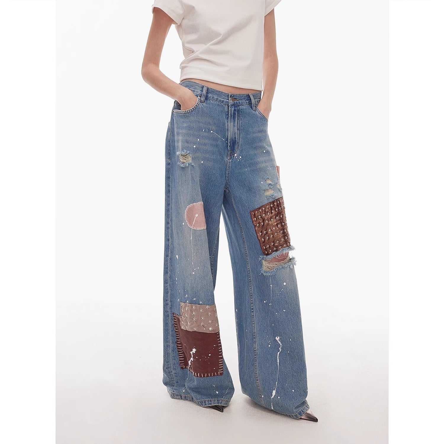 "Uninhibited Splicing" Ripped Hole Wide-Leg Jeans
