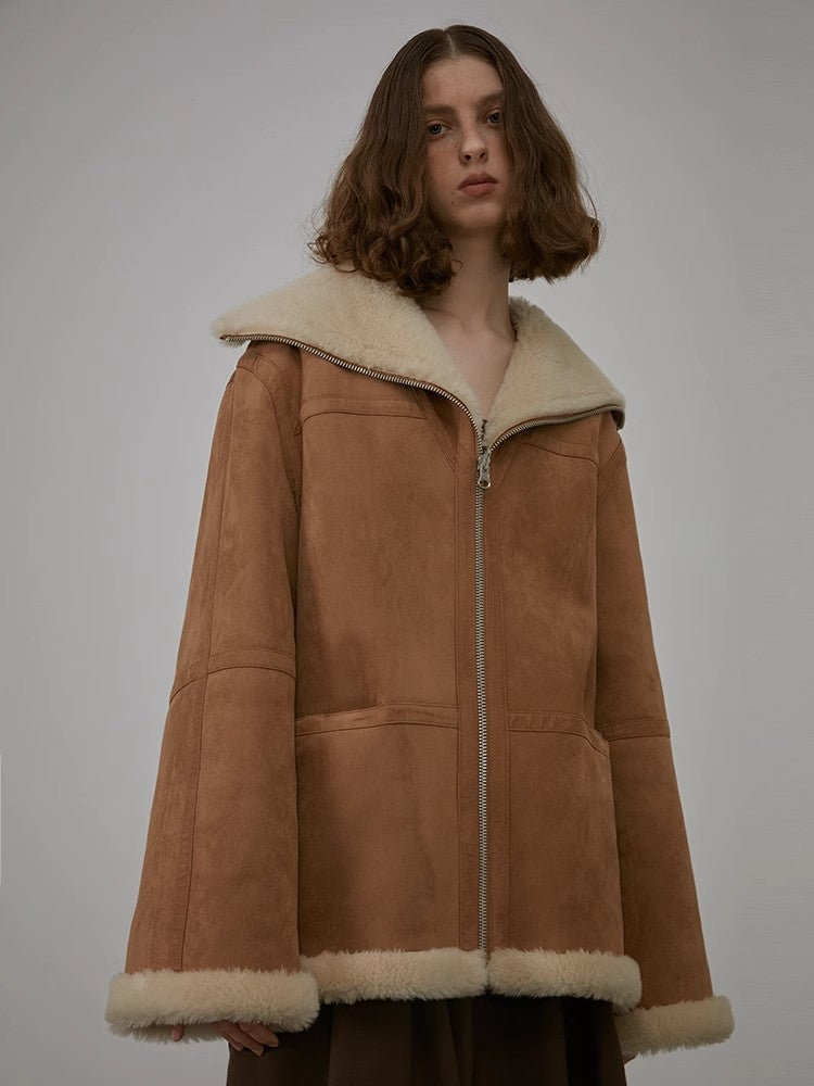 “August Night” Wool Artificial Compound Leather Reversible Shearling Jacket