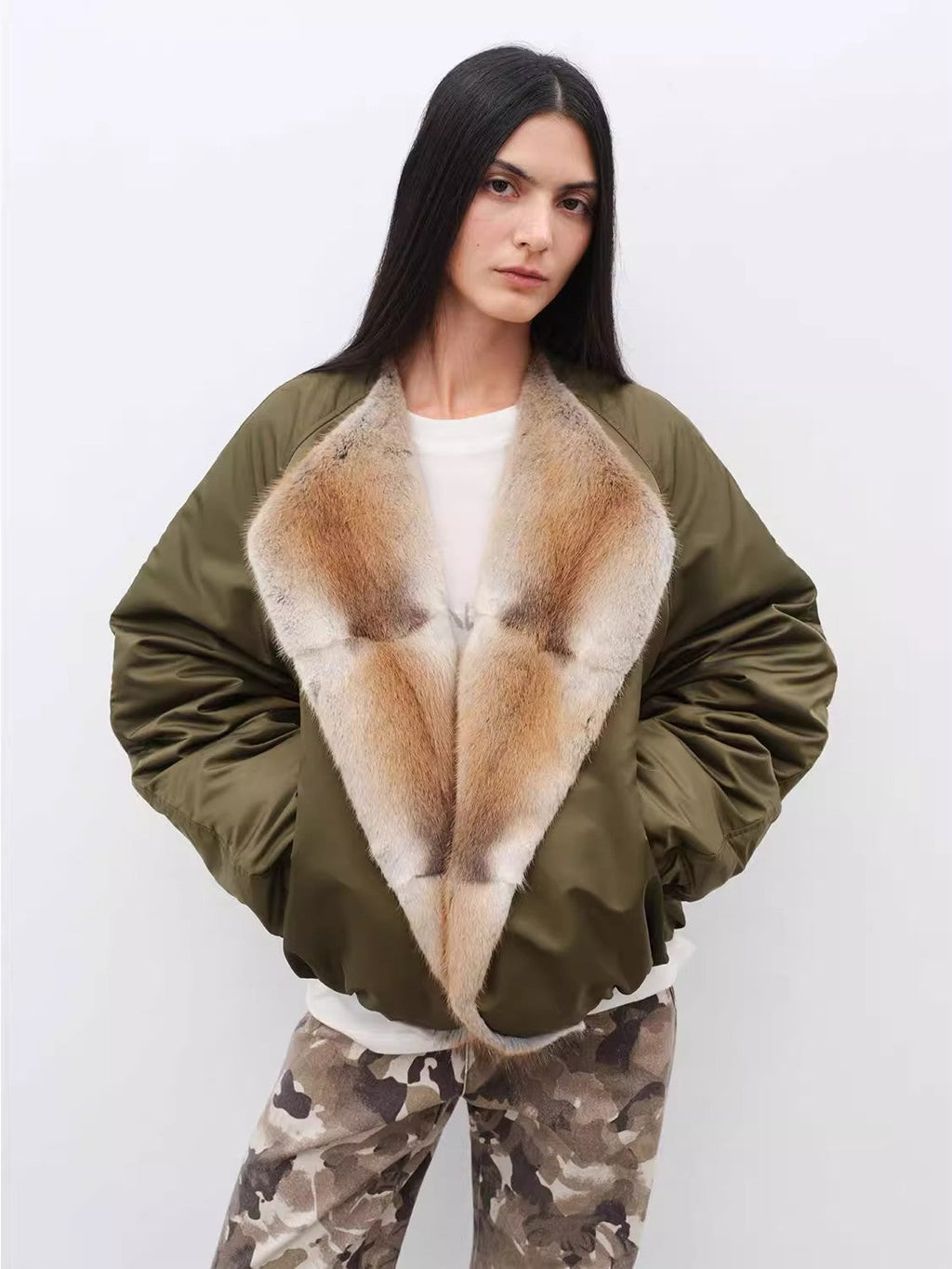 “Hull Contract” Colorblocked Mink-Lapel Parka