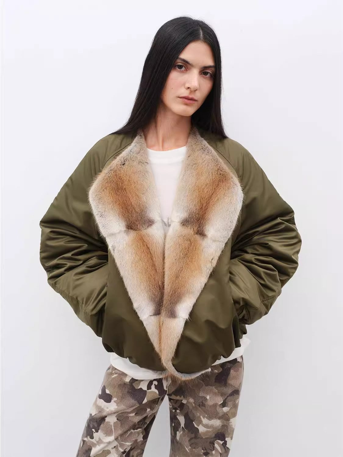 “Hull Contract” Colorblocked Mink-Lapel Parka