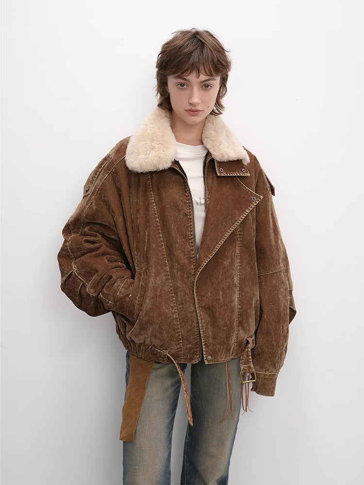 Warm Distressed Denim Wool Collar Jacket