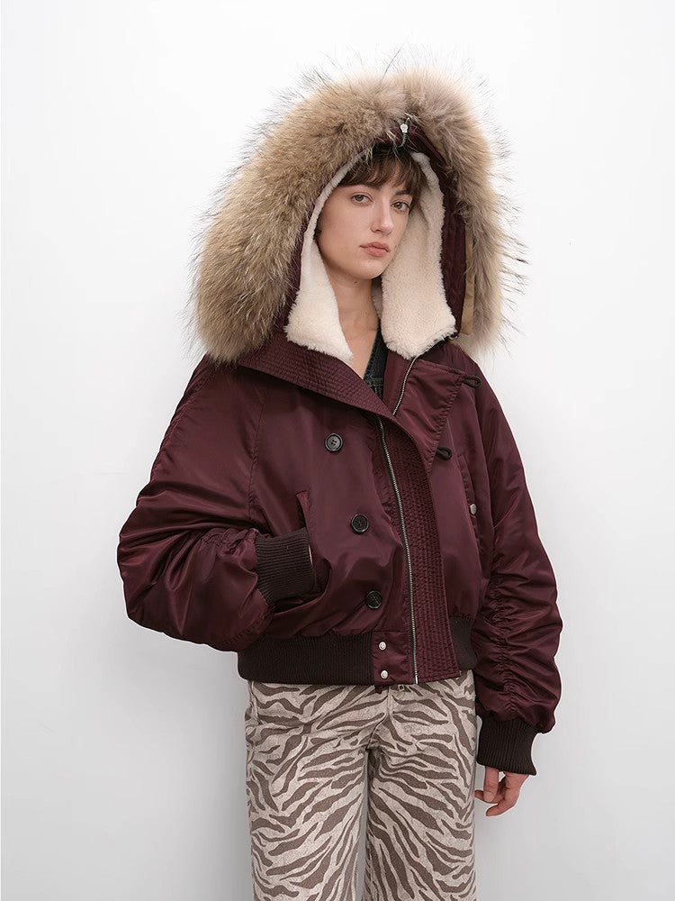 Large Hood, Raccoon Fur Collar Style Style Jacket