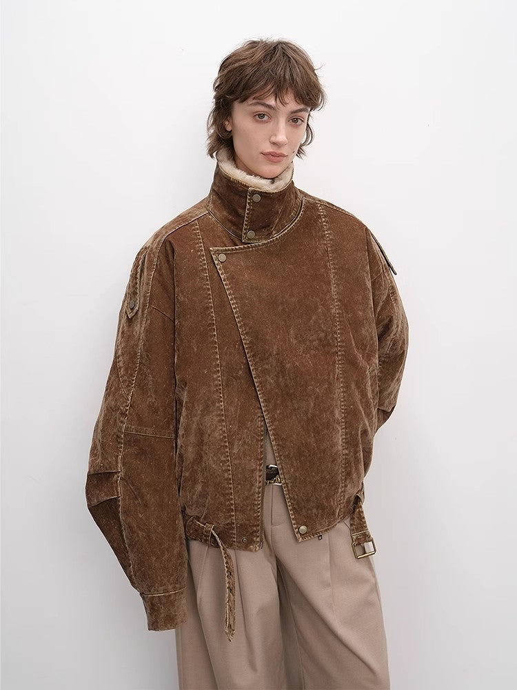 Warm Distressed Denim Wool Collar Jacket