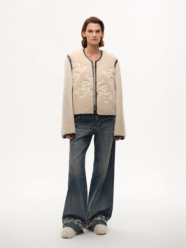Embroidered Short Merino Wool Sheepskin Fur Coat
