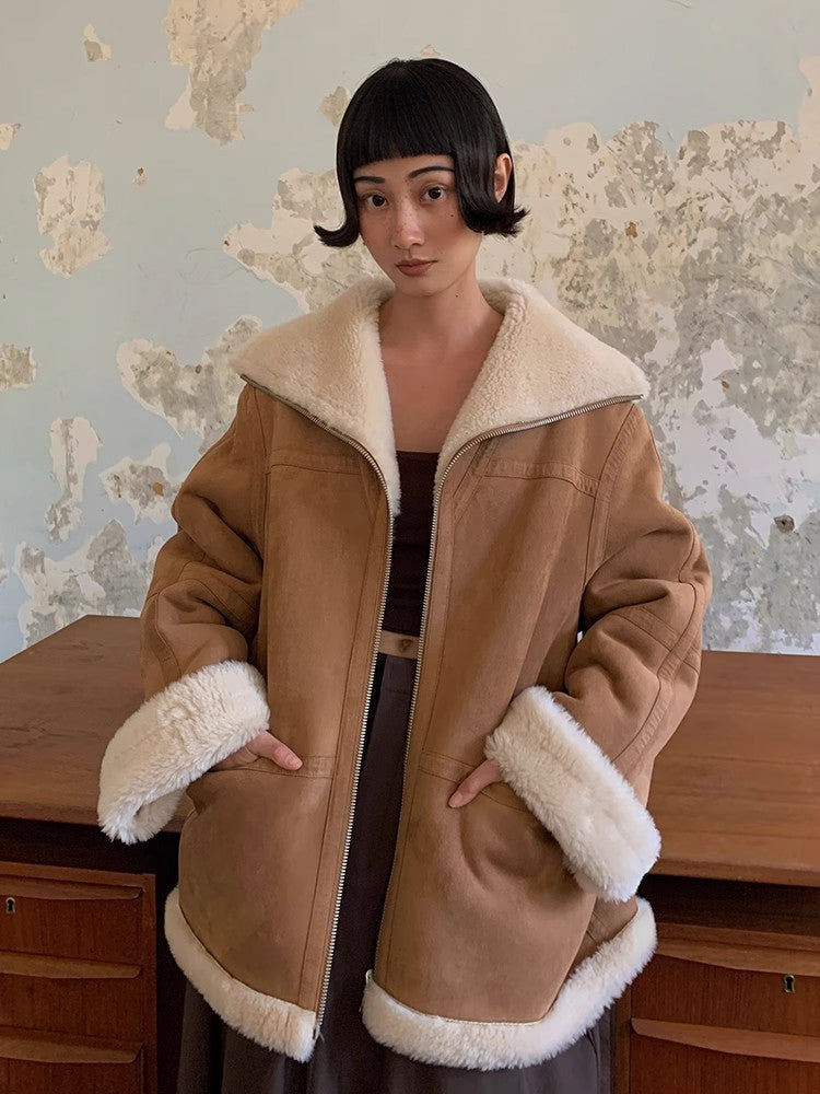 “August Night” Wool Artificial Compound Leather Reversible Shearling Jacket