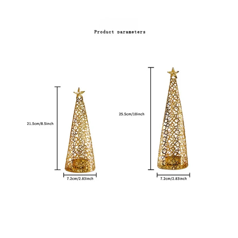 Gold Metal Christmas Tree Candle Holders (Set of 2) | Modern Holiday Decor | Elegant Tea Light Holders for Table or Mantel