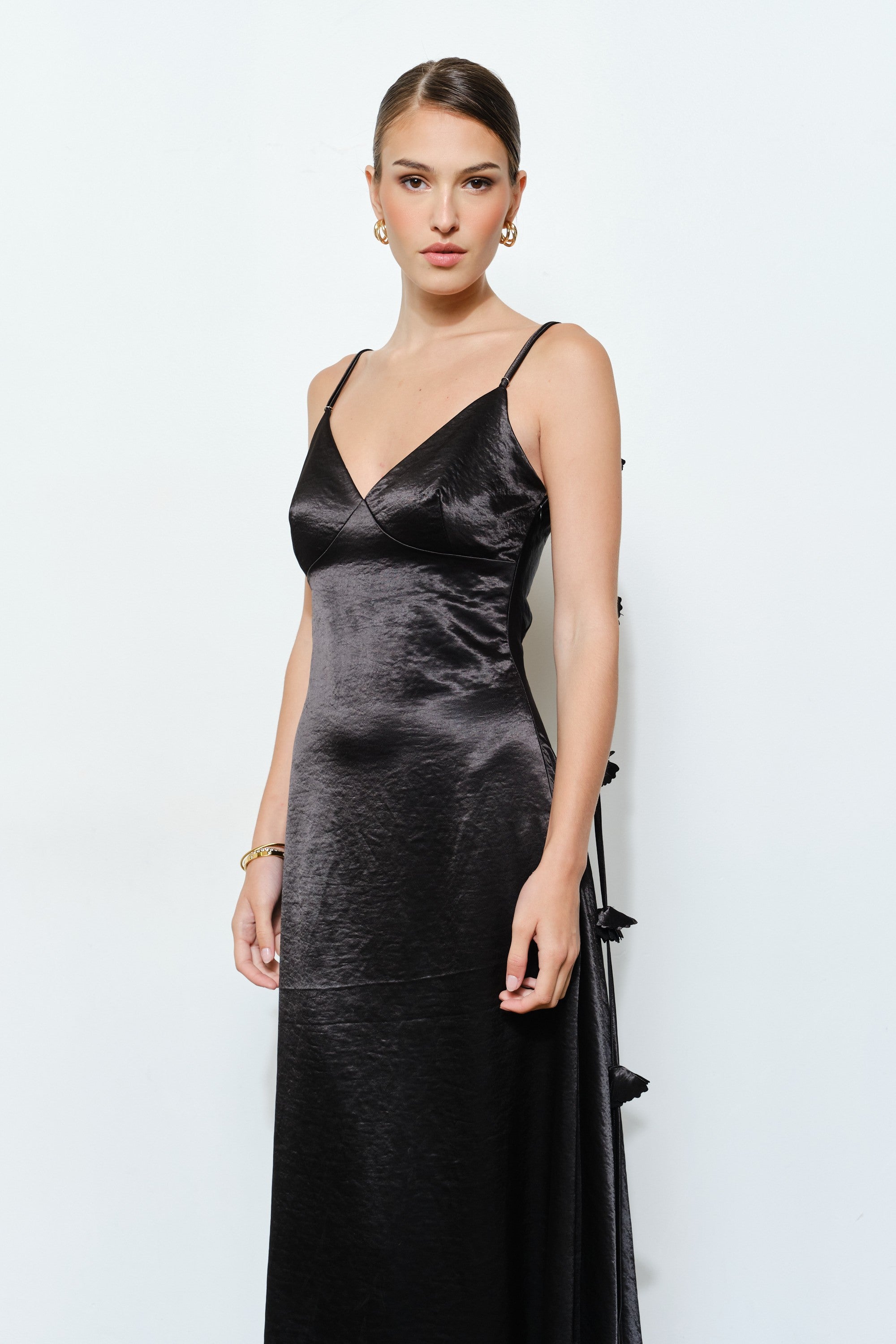 3D Satin Flower Draped Back Maxi Dress