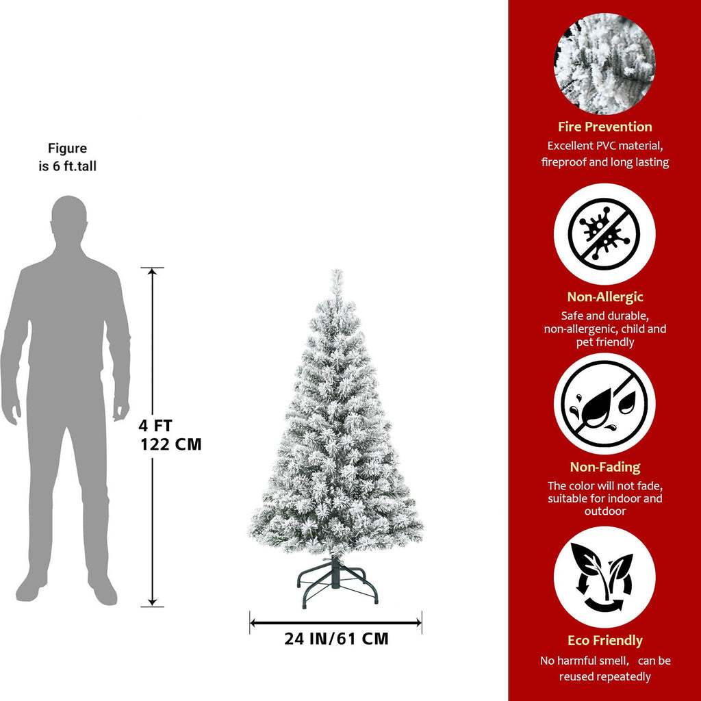 4ft Flocked Christmas Tree – Snowy White PVC Artificial Tree with 233 Tips and Sturdy Metal Stand, Compact Full Design for Small Spaces